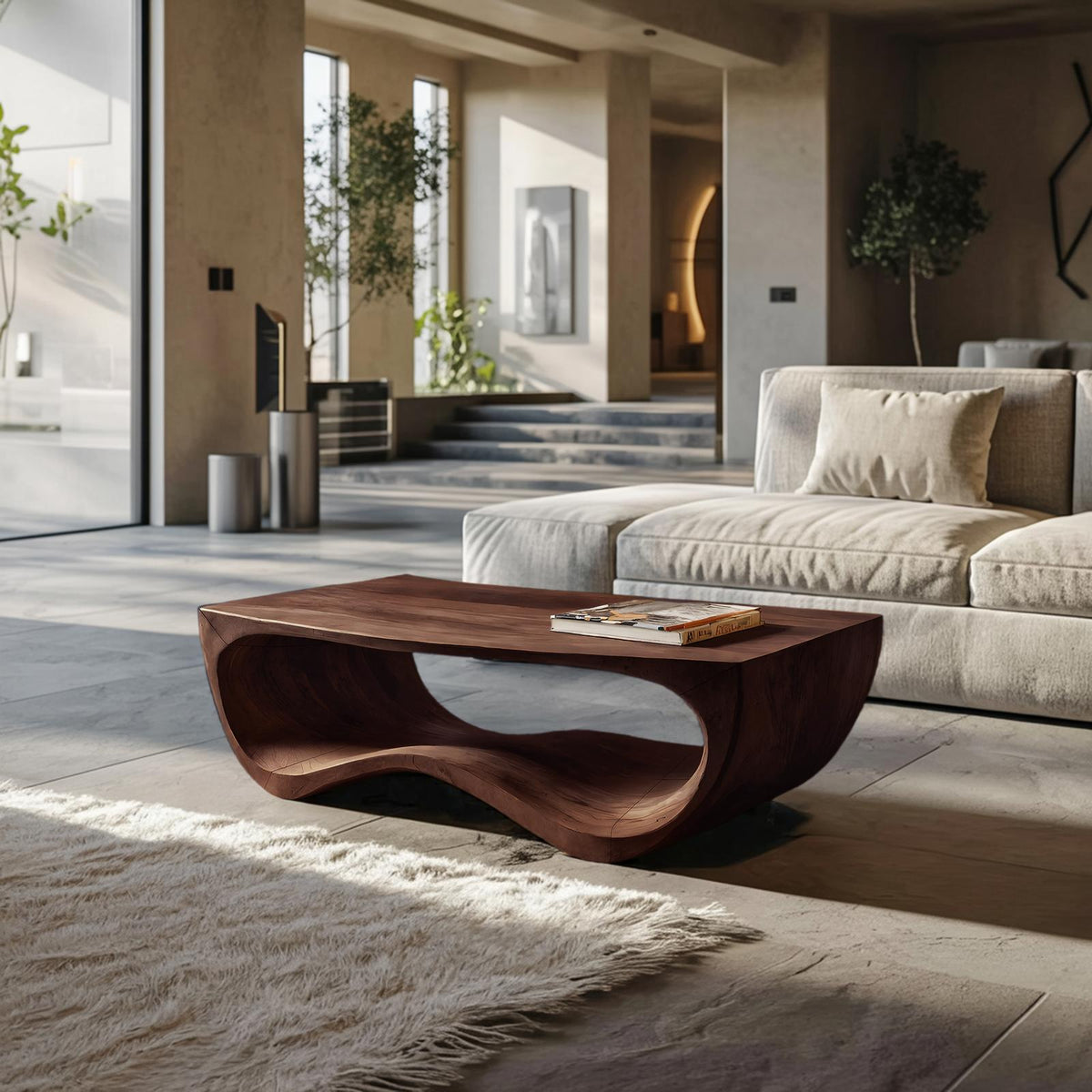 Artistic Sculptural Curved Coffee Table, Handcrafted Solid Wood Center Table for Modern Living Room Lounge, Model