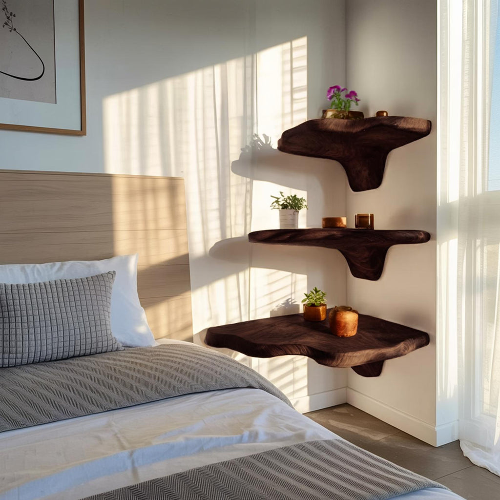 Handcrafted Wooden Live Edge Mushroom Shelf For Modern Furniture Decor