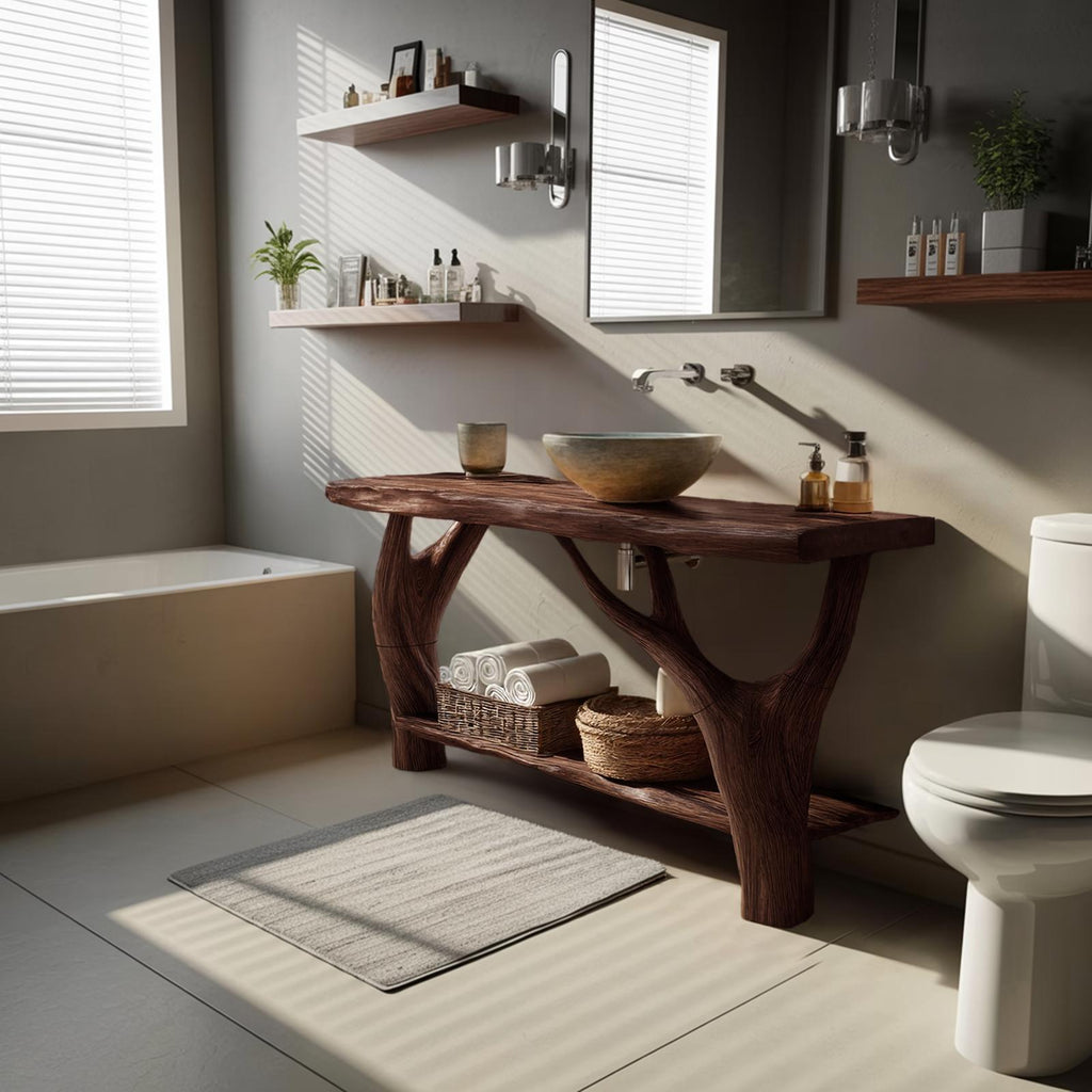 Mid Century Solid Wood Bathroom Vanity Cabinet, Organic Live Edge Floating Wooden Sink Console Table