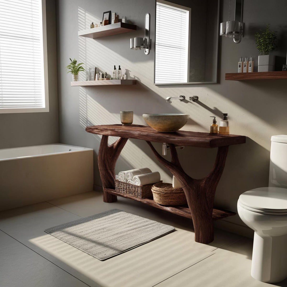 Mid Century Solid Wood Bathroom Vanity Cabinet, Organic Live Edge Floating Wooden Sink Console Table