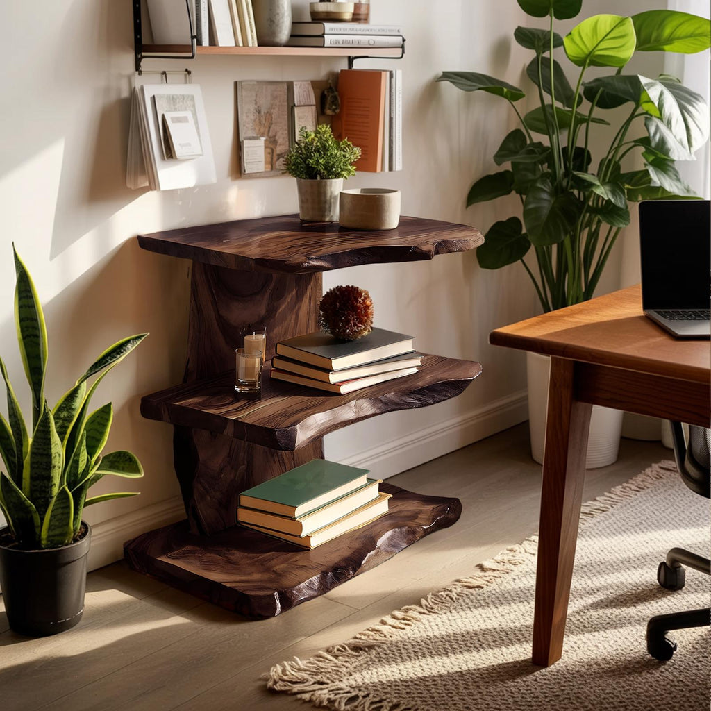 Farmhouse Live Edge Wooden Standing Shelf, Handcrafted Solid Wood Bookcase & Display Rack Decor