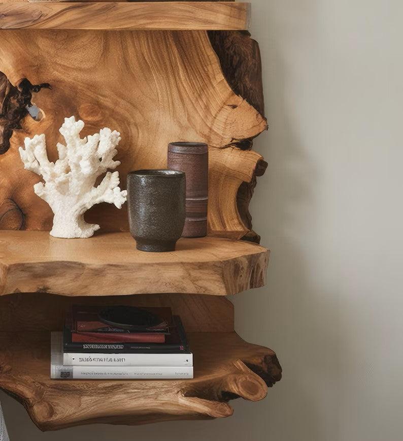 Rustic Live Edge Wood Shelf For Bedroom Decoration And Wooden Bookshelf Display SITHNS001