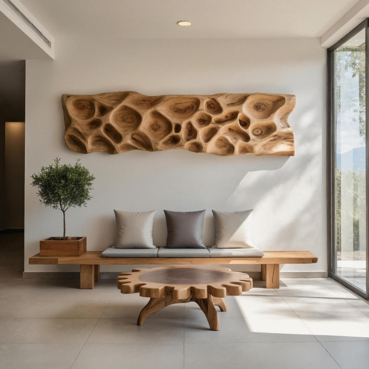 Artistic Carved Wood Wall Art, 3D Organic Textured Abstract Wooden Panel for Entryway & Living Room Decor