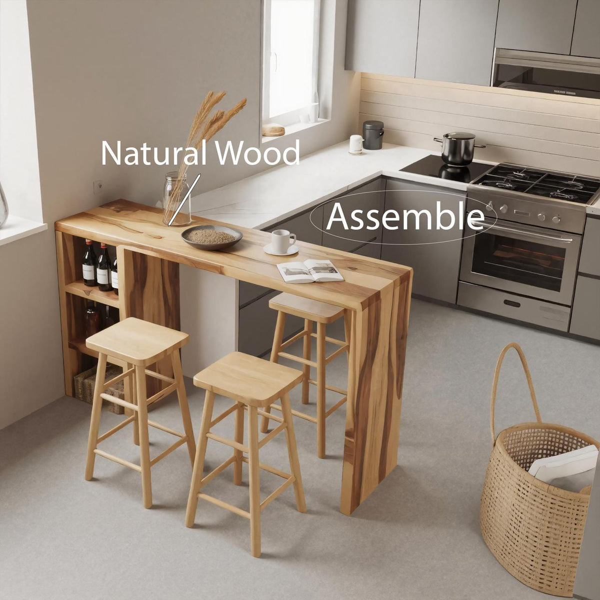 Minimalist Breakfast Bar Table with Stools, Solid Wood Pub Dining Table Set for Small Kitchens, Studios