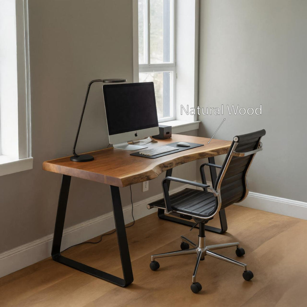 Modern Live Edge Office Desk with Metal Legs, Solid Wood Computer Writing Table for Home Workspace, Study
