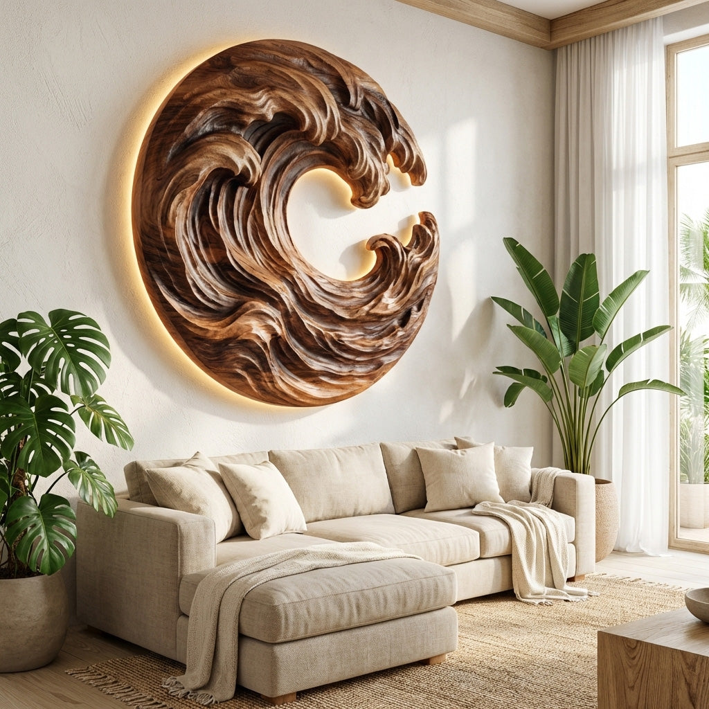 Organic Wooden Wave Wall Art, 3D Hand-Carved Ocean Wave Wood Wall Sculpture Panel for Coastal Living Room