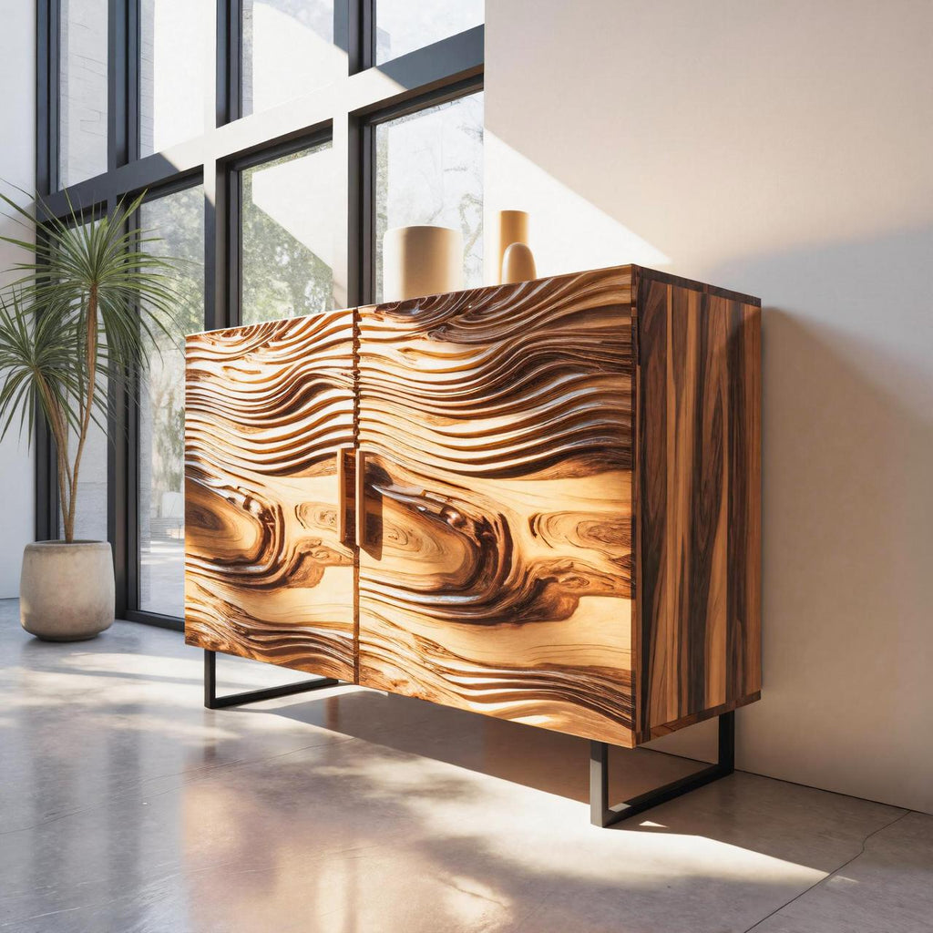Modern Wavy Wood Sideboard Sculptural Cabinet For Entryway Or Living Room