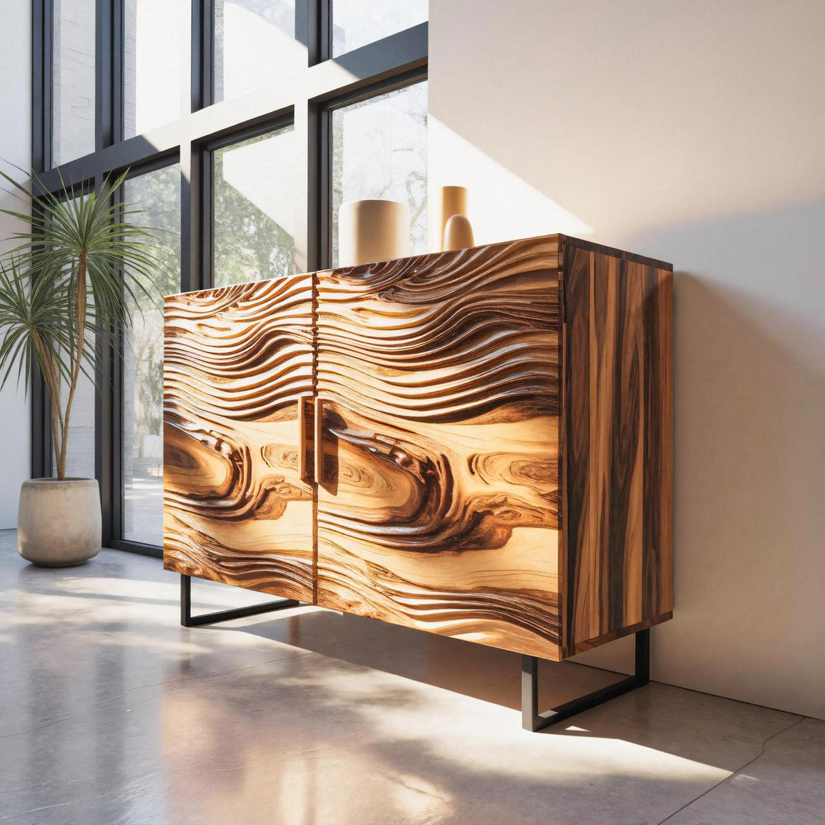 Modern Wavy Wood Sideboard Sculptural Cabinet For Entryway Or Living Room