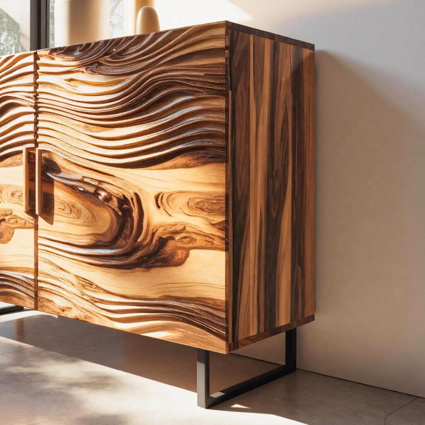 Modern Wavy Wood Sideboard Sculptural Cabinet For Entryway Or Living Room
