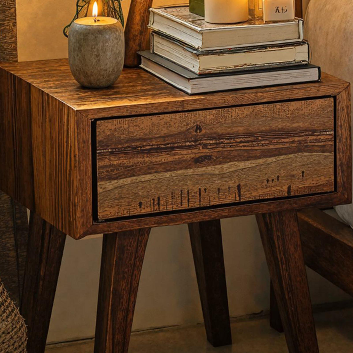 Spry Interior Handcrafted Rustic Wood Nightstand with 4 Legs, Solid Wood Bedside Table End Console for Bedroom Storage, SILDTNS018