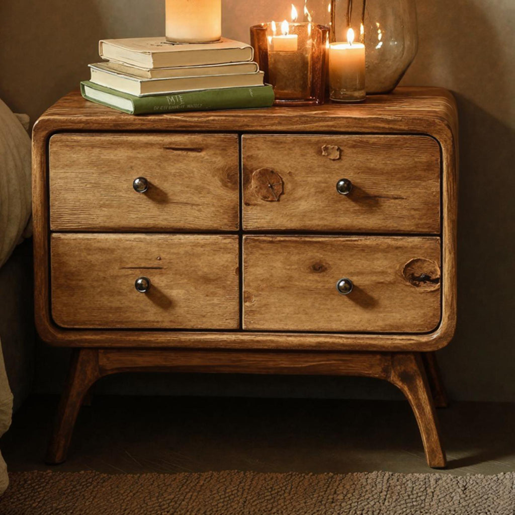 Rustic Standing Bedside Table with 4 Drawers, Solid Wood Dresser Chest Nightstand for Bedroom Organization