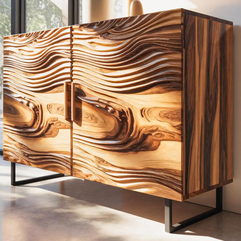 Modern Wavy Wood Sideboard Sculptural Cabinet For Entryway Or Living Room
