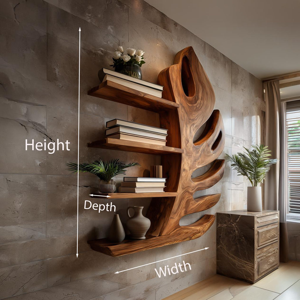 Organic Wooden Botanical Leaf Floating Bookshelf, Handcrafted Wall Mounted Shelf for Nursery & Living Room