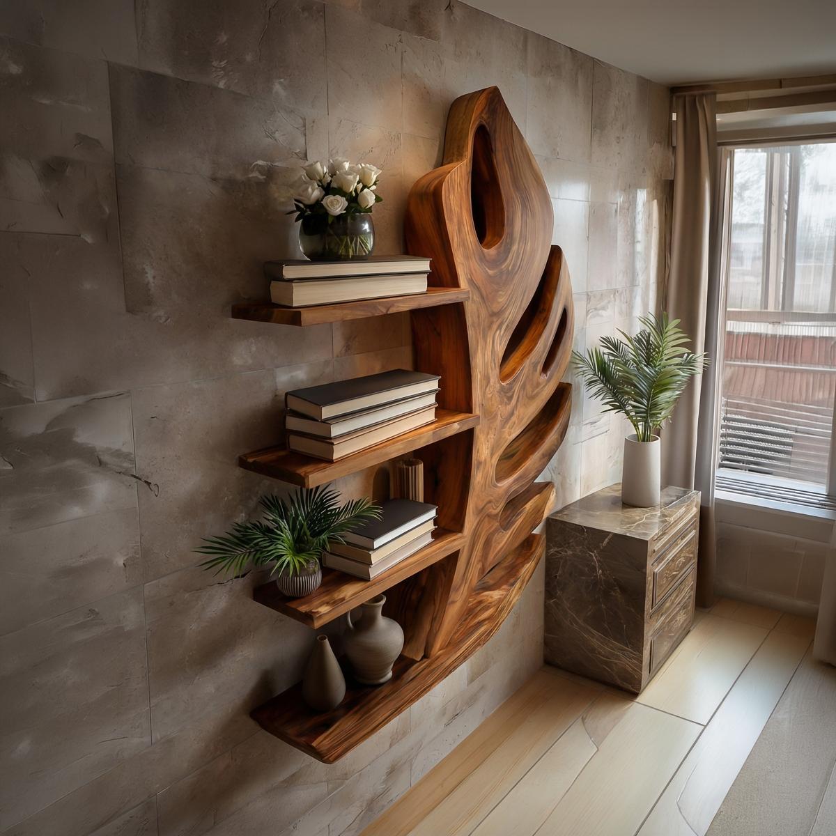 Organic Wooden Botanical Leaf Floating Bookshelf, Handcrafted Wall Mounted Shelf for Nursery & Living Room