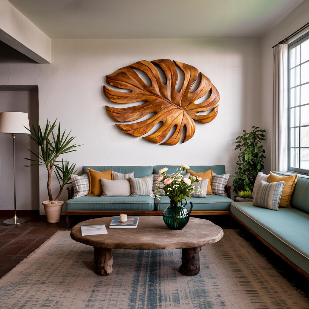 Organic Wooden Leaf Wall Sculpture, 3D Hand-Carved Botanical Wood Panel Art for Contemporary Home Decor