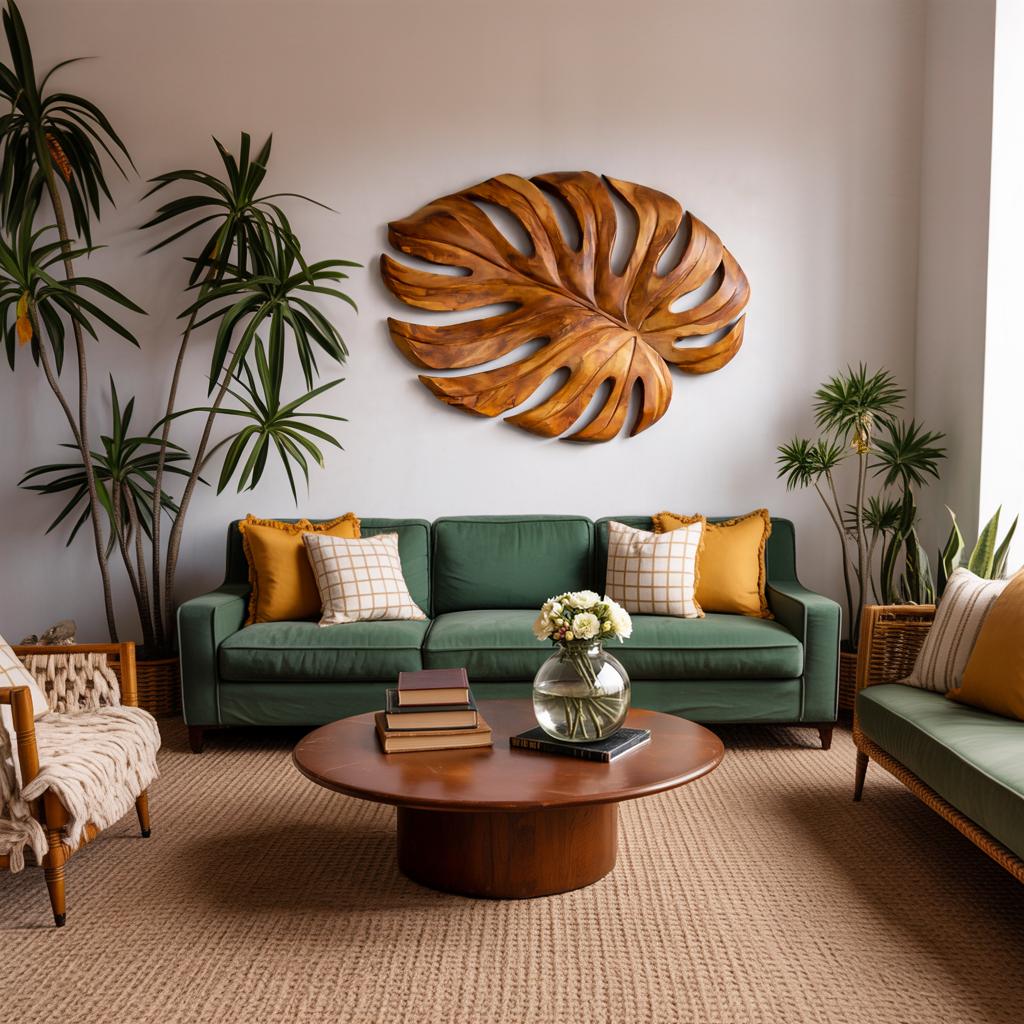 Organic Wooden Leaf Wall Sculpture, 3D Hand-Carved Botanical Wood Panel Art for Contemporary Home Decor