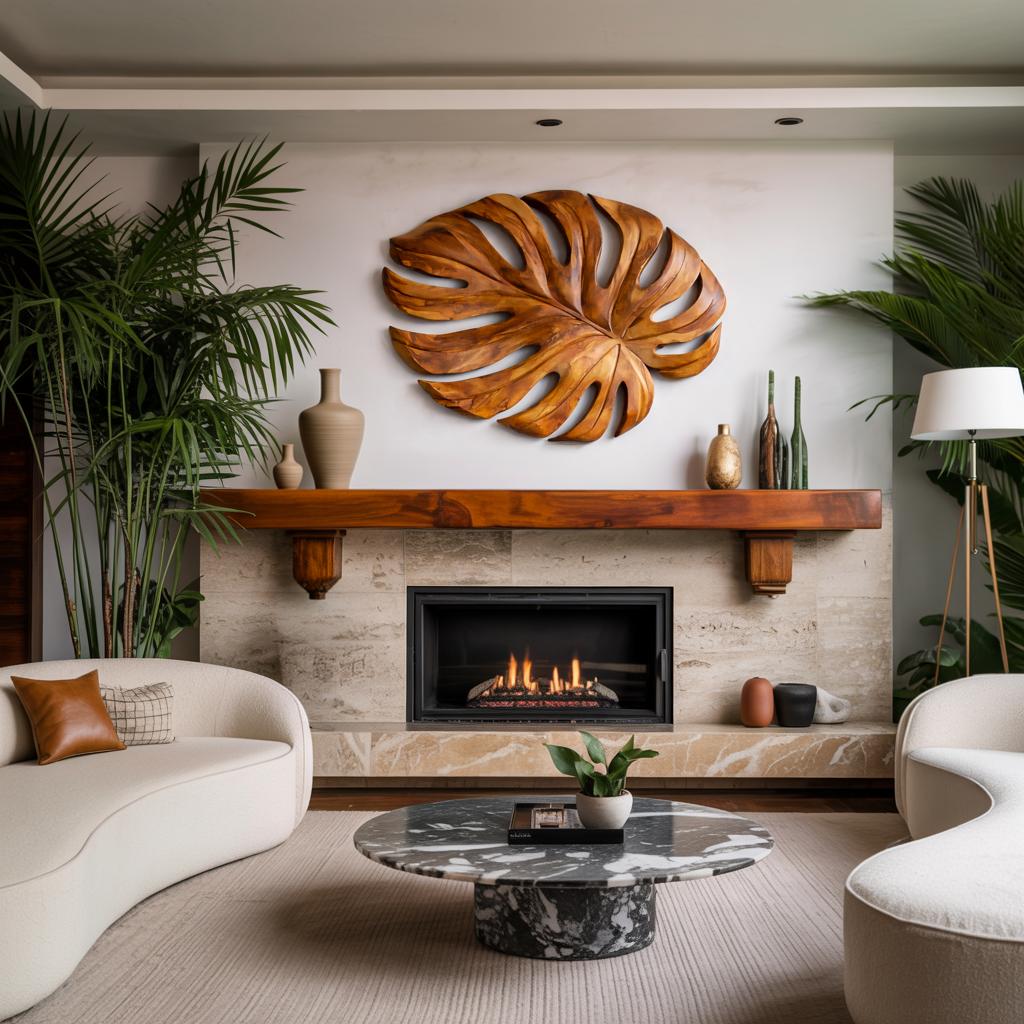 Organic Wooden Leaf Wall Sculpture, 3D Hand-Carved Botanical Wood Panel Art for Contemporary Home Decor