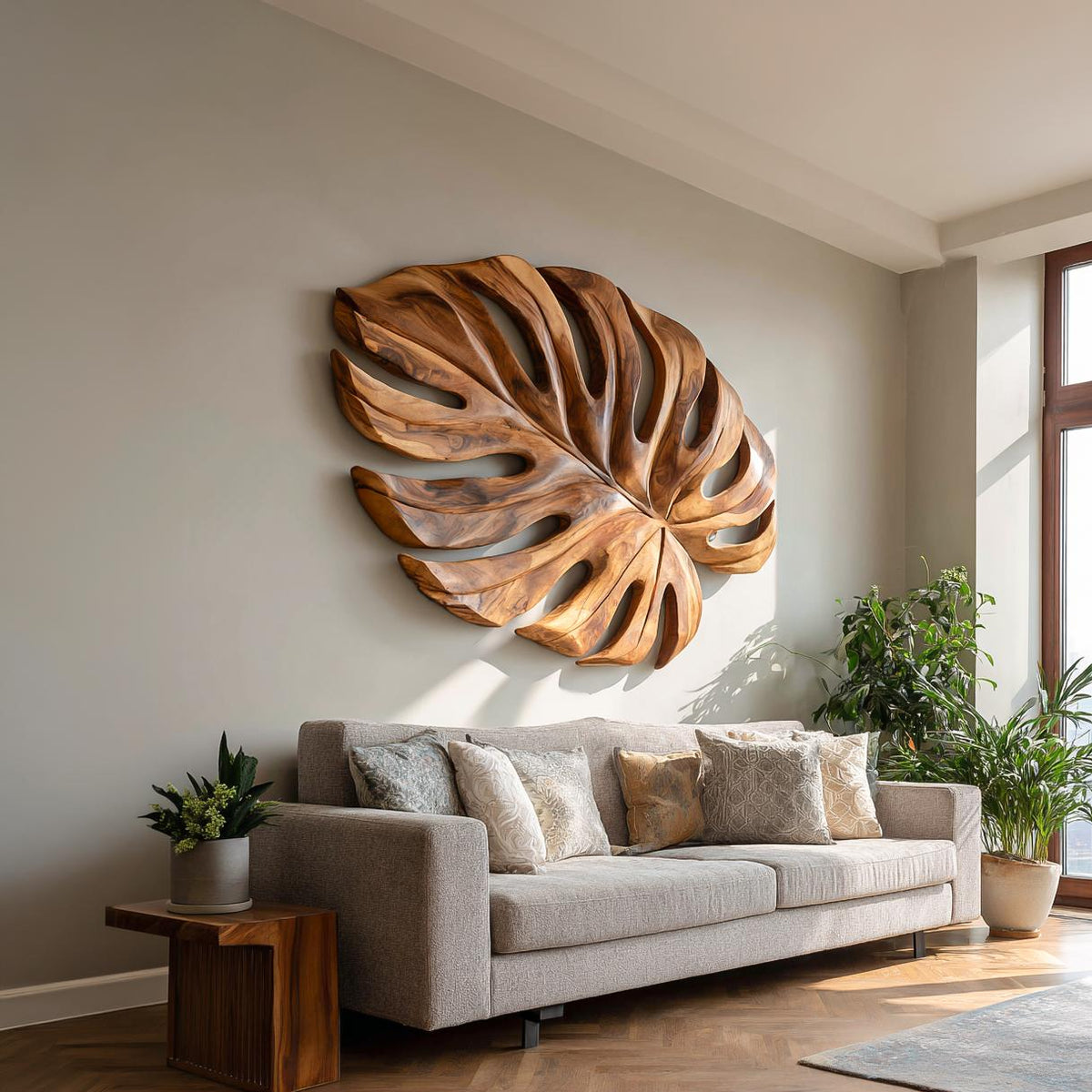 Organic Wooden Leaf Wall Sculpture, 3D Hand-Carved Botanical Wood Panel Art for Contemporary Home Decor
