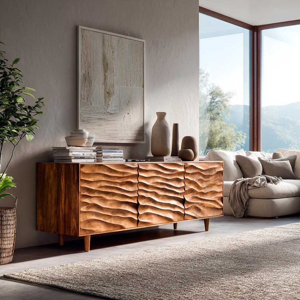 Modern Wooden Sideboard With Carved Wave Doors For Contemporary Living RTTHTTSD043