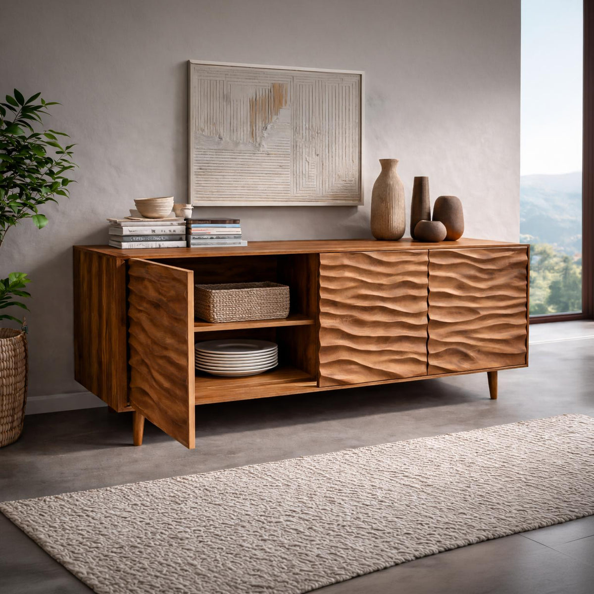 Modern Wooden Sideboard With Carved Wave Doors For Contemporary Living RTTHTTSD043