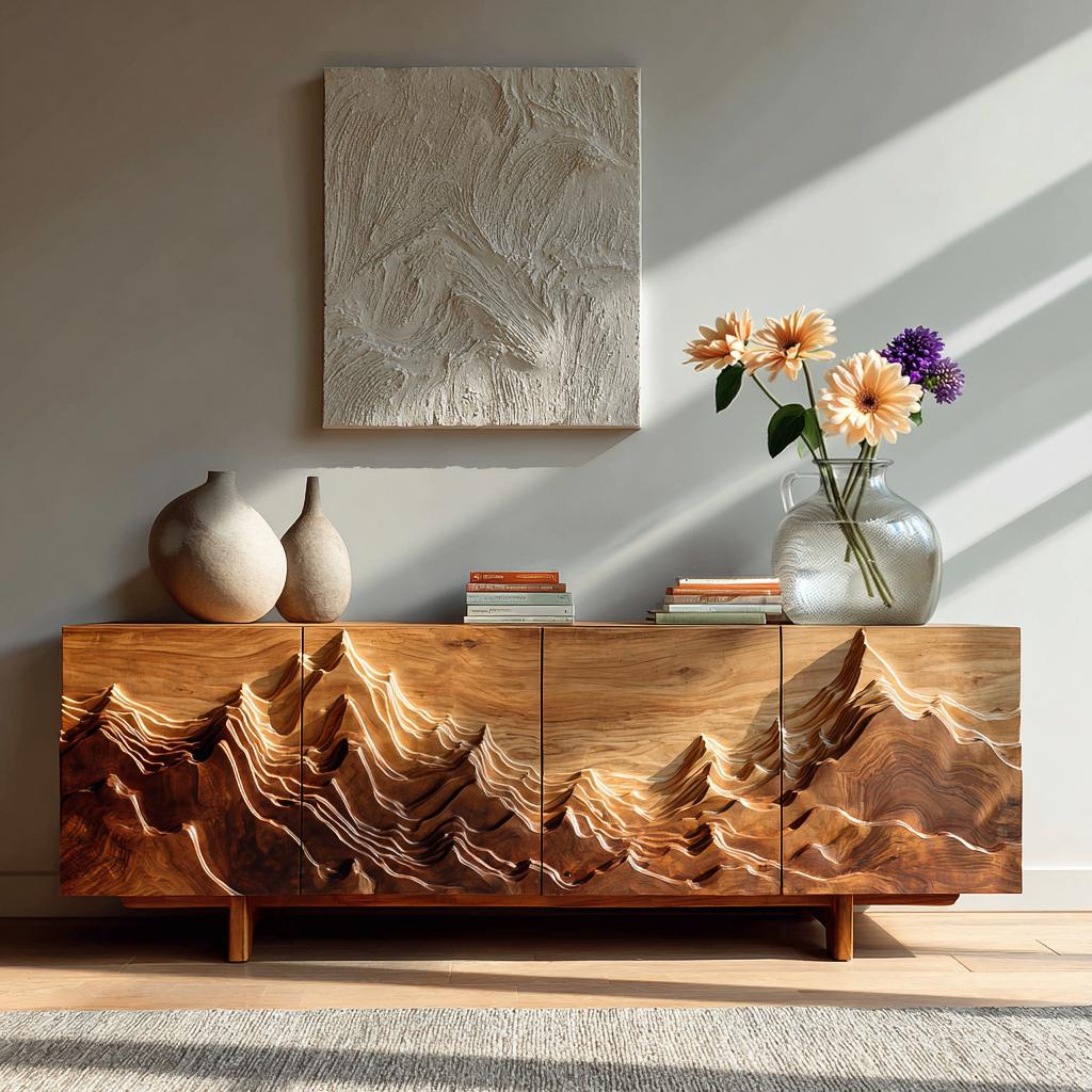 Natural Wood Mountain Sideboard, Handcrafted Solid Wood Credenza Cabinet with Mountain Carving for Living Room, Model