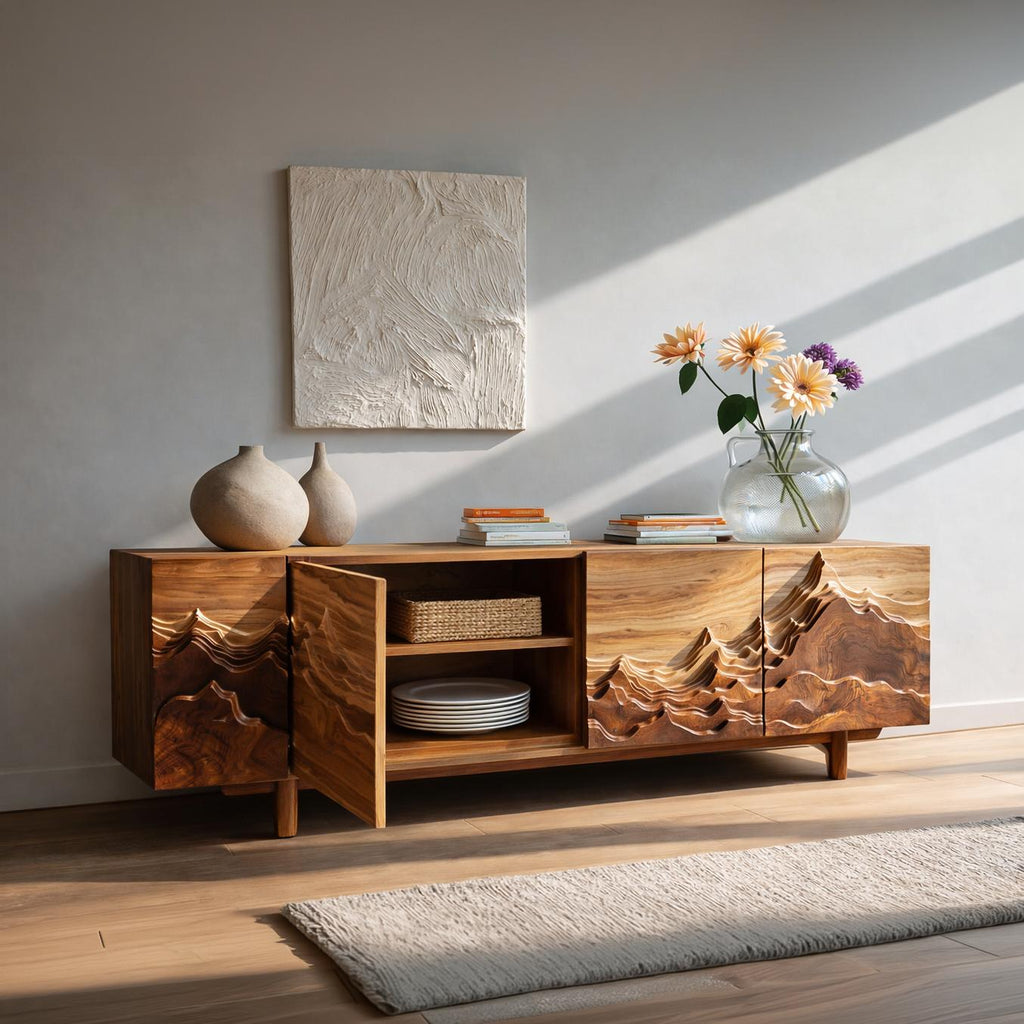 Natural Wood Mountain Sideboard, Handcrafted Solid Wood Credenza Cabinet with Mountain Carving for Living Room, Model