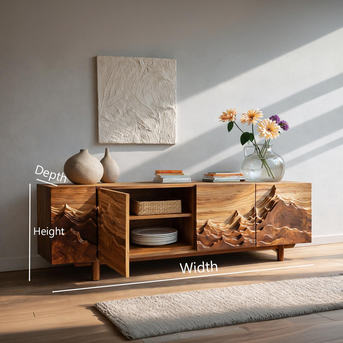 Natural Wood Mountain Sideboard, Handcrafted Solid Wood Credenza Cabinet with Mountain Carving for Living Room, Model