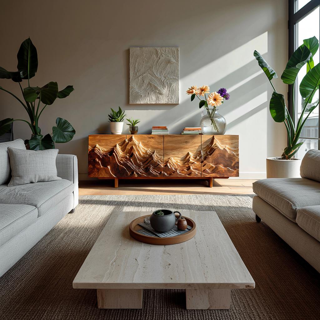Natural Wood Mountain Sideboard, Handcrafted Solid Wood Credenza Cabinet with Mountain Carving for Living Room, Model
