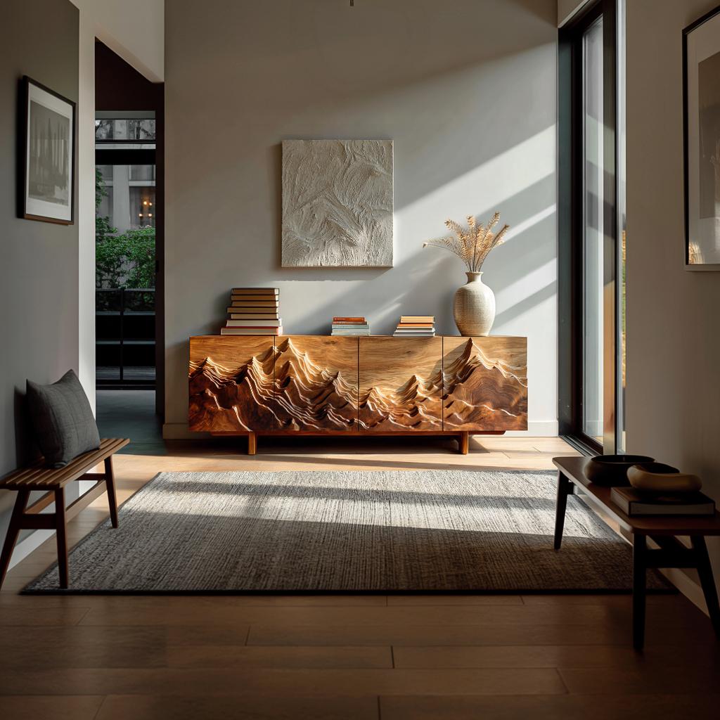 Natural Wood Mountain Sideboard, Handcrafted Solid Wood Credenza Cabinet with Mountain Carving for Living Room, Model