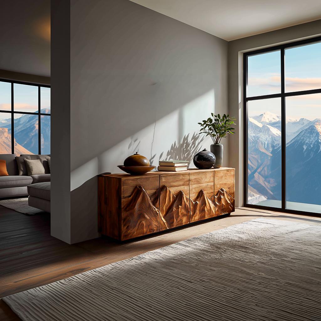 Spry Interior Statement Wooden Sideboard with Mountain Landscape Carved Doors, Solid Wood Credenza Cabinet for Dining Room, Model RTTHTTSD047
