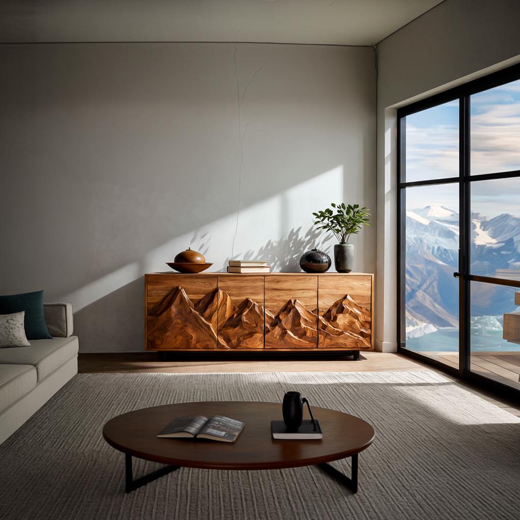 Spry Interior Statement Wooden Sideboard with Mountain Landscape Carved Doors, Solid Wood Credenza Cabinet for Dining Room, Model RTTHTTSD047