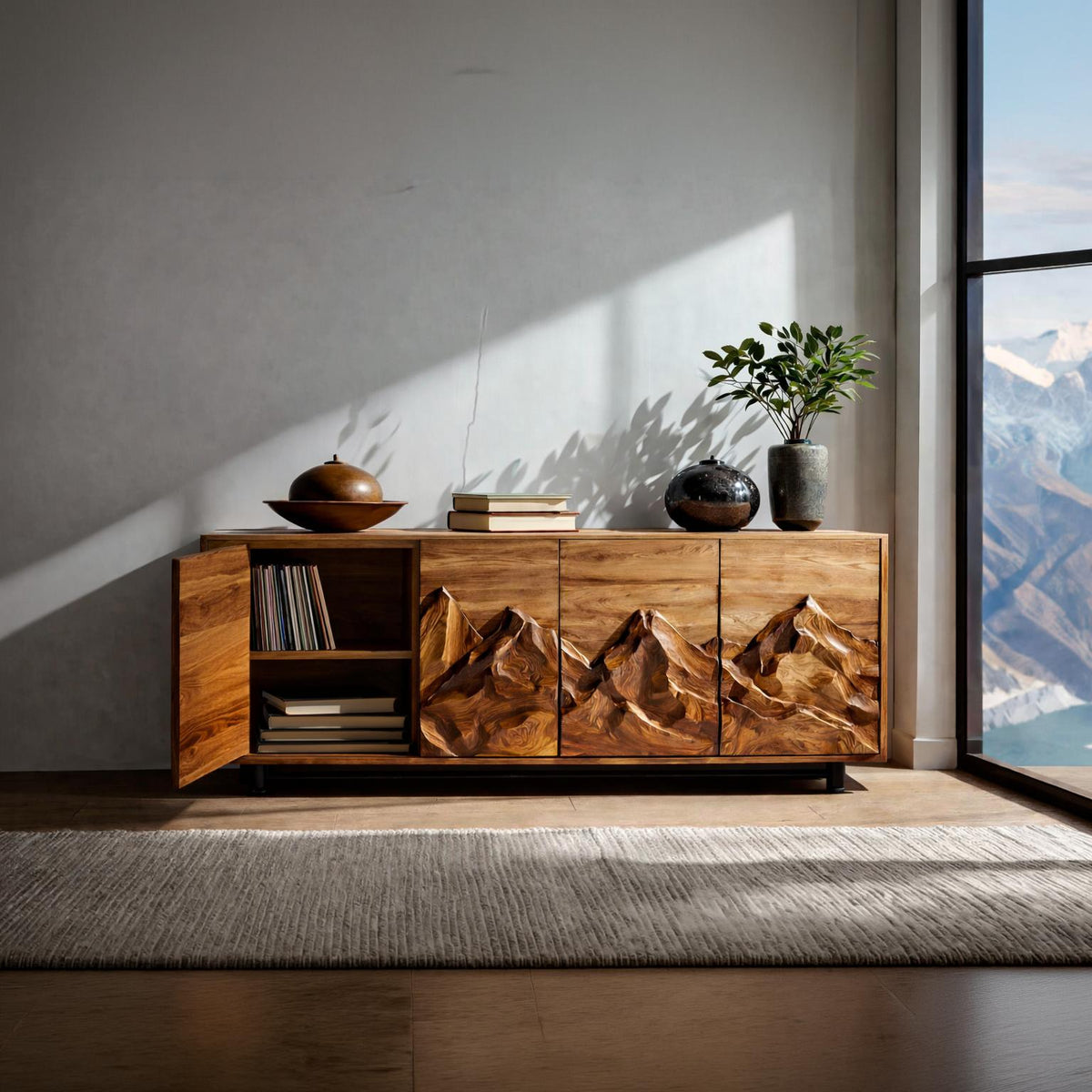Spry Interior Statement Wooden Sideboard with Mountain Landscape Carved Doors, Solid Wood Credenza Cabinet for Dining Room, Model RTTHTTSD047