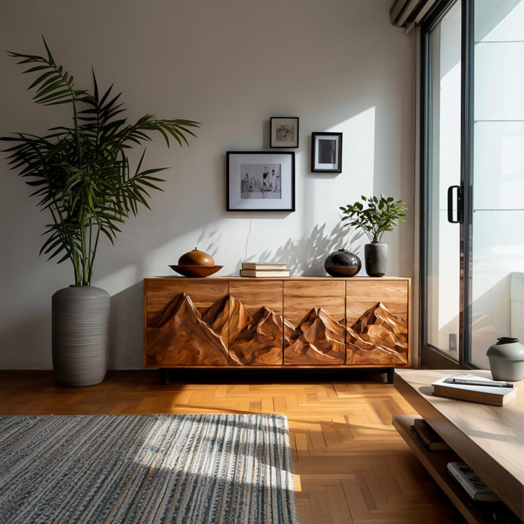Spry Interior Statement Wooden Sideboard with Mountain Landscape Carved Doors, Solid Wood Credenza Cabinet for Dining Room, Model RTTHTTSD047