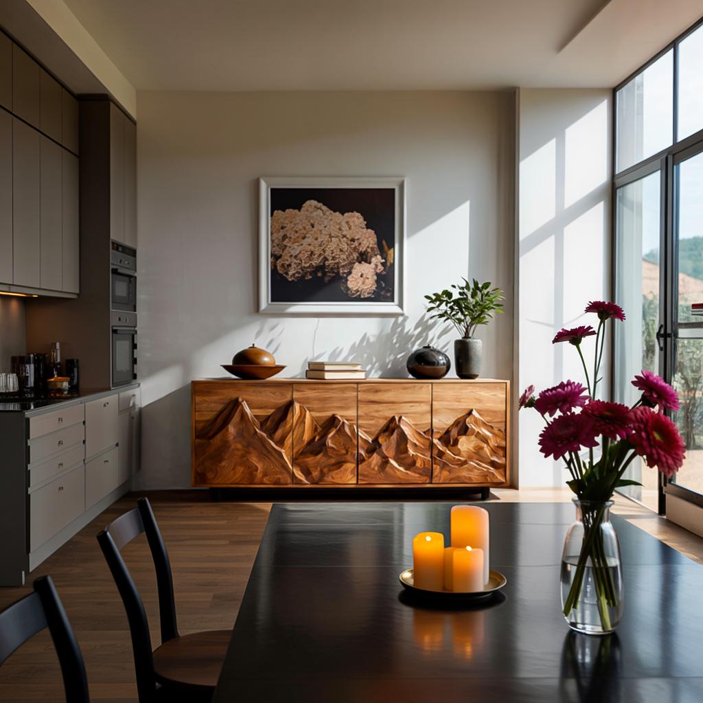 Spry Interior Statement Wooden Sideboard with Mountain Landscape Carved Doors, Solid Wood Credenza Cabinet for Dining Room, Model RTTHTTSD047