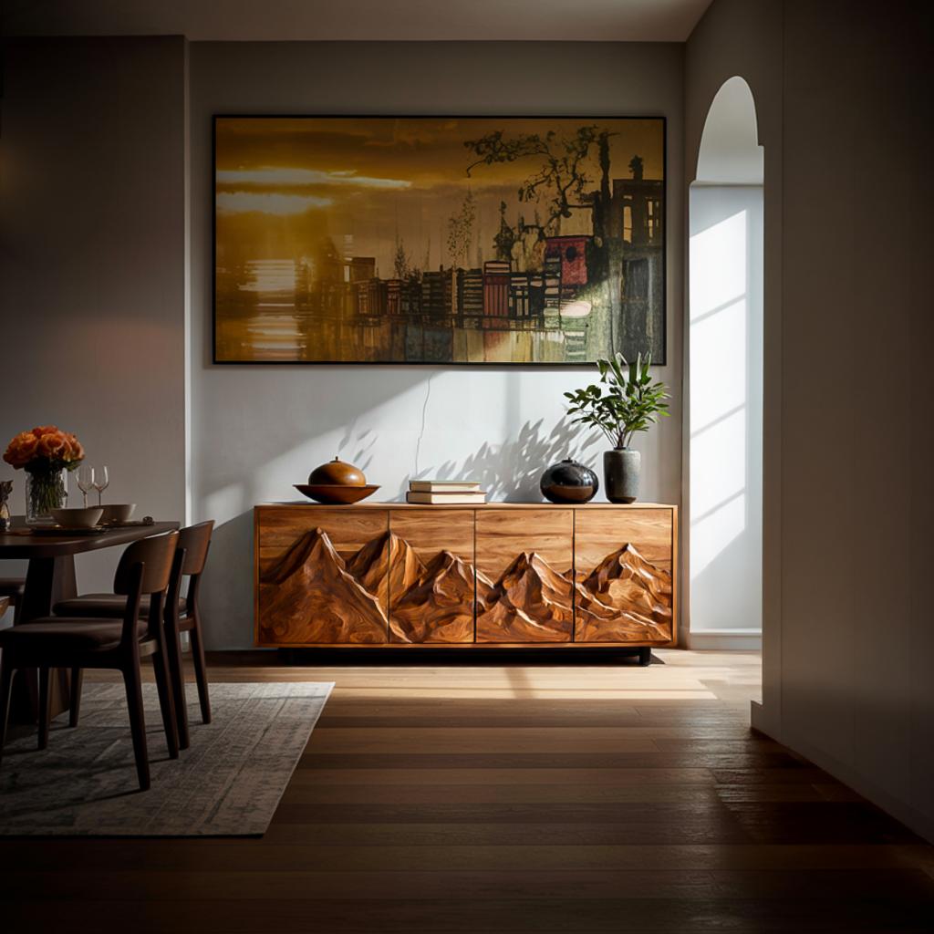 Spry Interior Statement Wooden Sideboard with Mountain Landscape Carved Doors, Solid Wood Credenza Cabinet for Dining Room, Model RTTHTTSD047