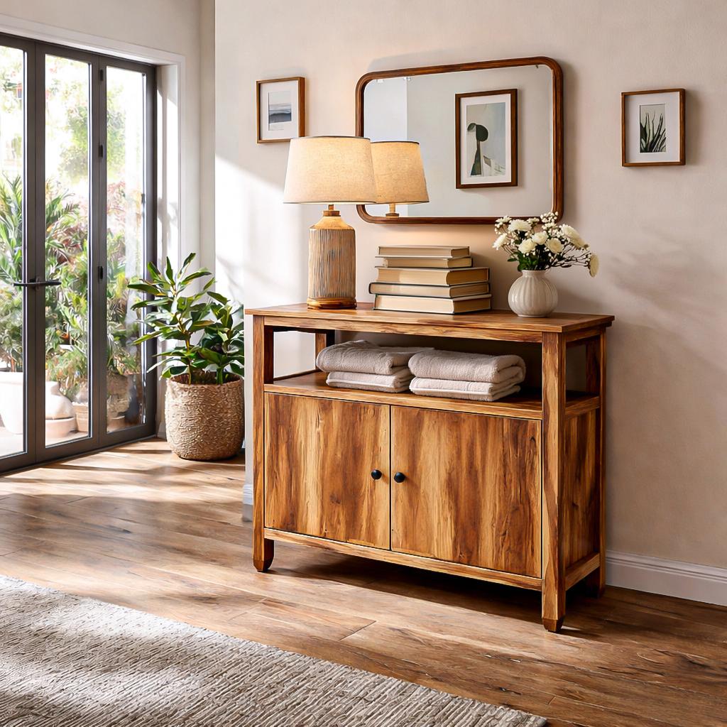 Spry Interior Contemporary Wooden Sideboard for Japandi Interior, Handcrafted Solid Wood Credenza Cabinet for Dining Room, Model RTTHTTSD048