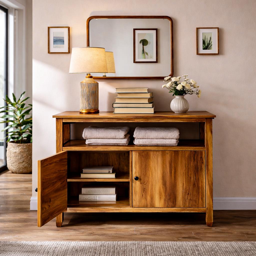 Teezano Contemporary Wooden Sideboard for Japandi Interior, Handcrafted Solid Wood Credenza Cabinet for Dining Room, Model RTTHTTSD048