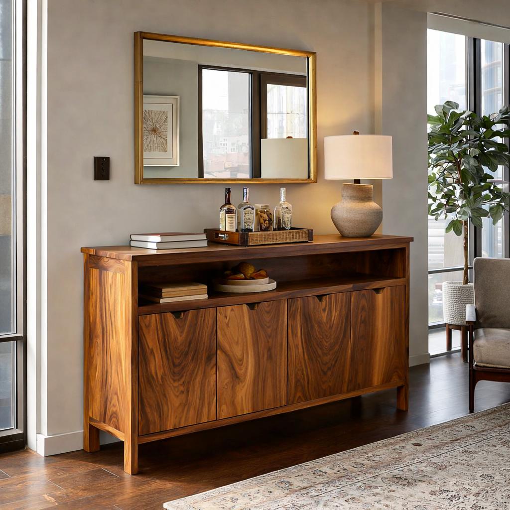 Spry Interior Modern Sideboard with Open Upper Shelf, Handcrafted Solid Wood Credenza Cabinet for Dining & Living Room, Model RTTHTTSD049