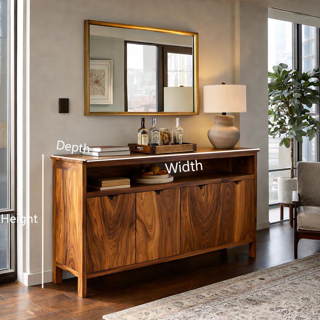 Teezano Modern Sideboard with Open Upper Shelf, Handcrafted Solid Wood Credenza Cabinet for Dining & Living Room, Model RTTHTTSD049