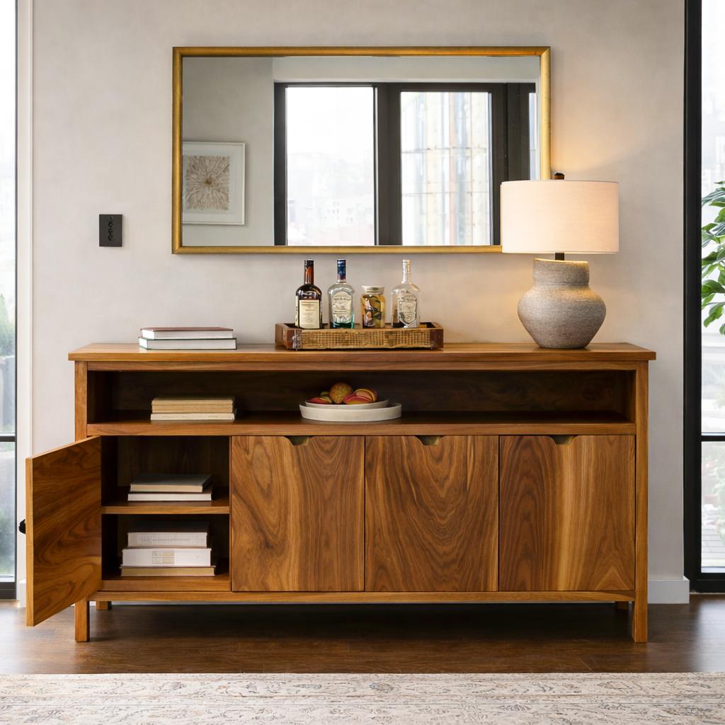 Spry Interior Modern Sideboard with Open Upper Shelf, Handcrafted Solid Wood Credenza Cabinet for Dining & Living Room, Model RTTHTTSD049