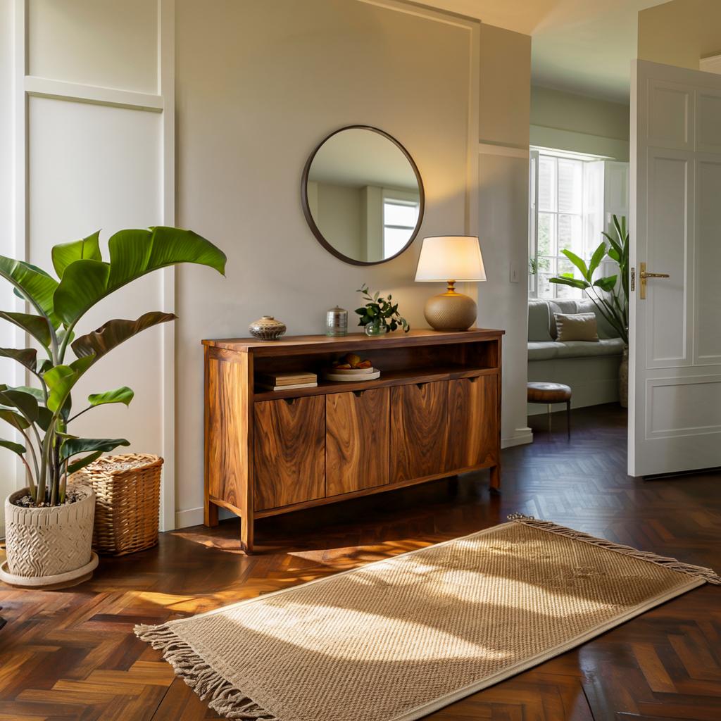 Teezano Modern Sideboard with Open Upper Shelf, Handcrafted Solid Wood Credenza Cabinet for Dining & Living Room, Model RTTHTTSD049