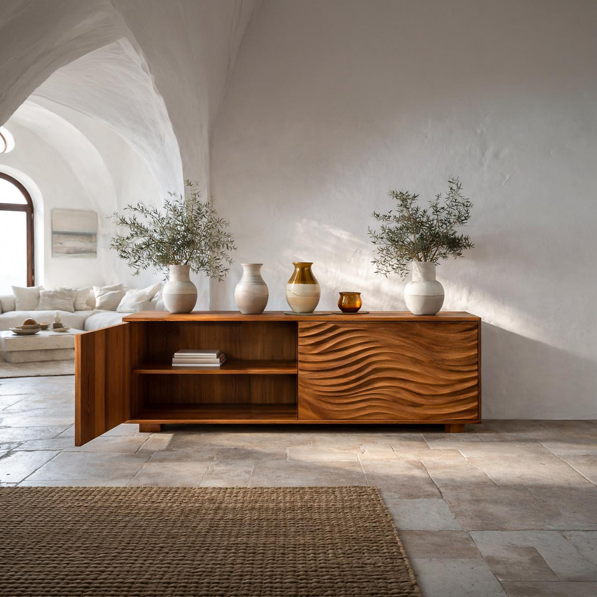 Spry Interior Handcrafted Wooden Sideboard with Sculpted Wave Doors, Modern Solid Wood Credenza Cabinet for Living Room, Model RTTHTTSD053