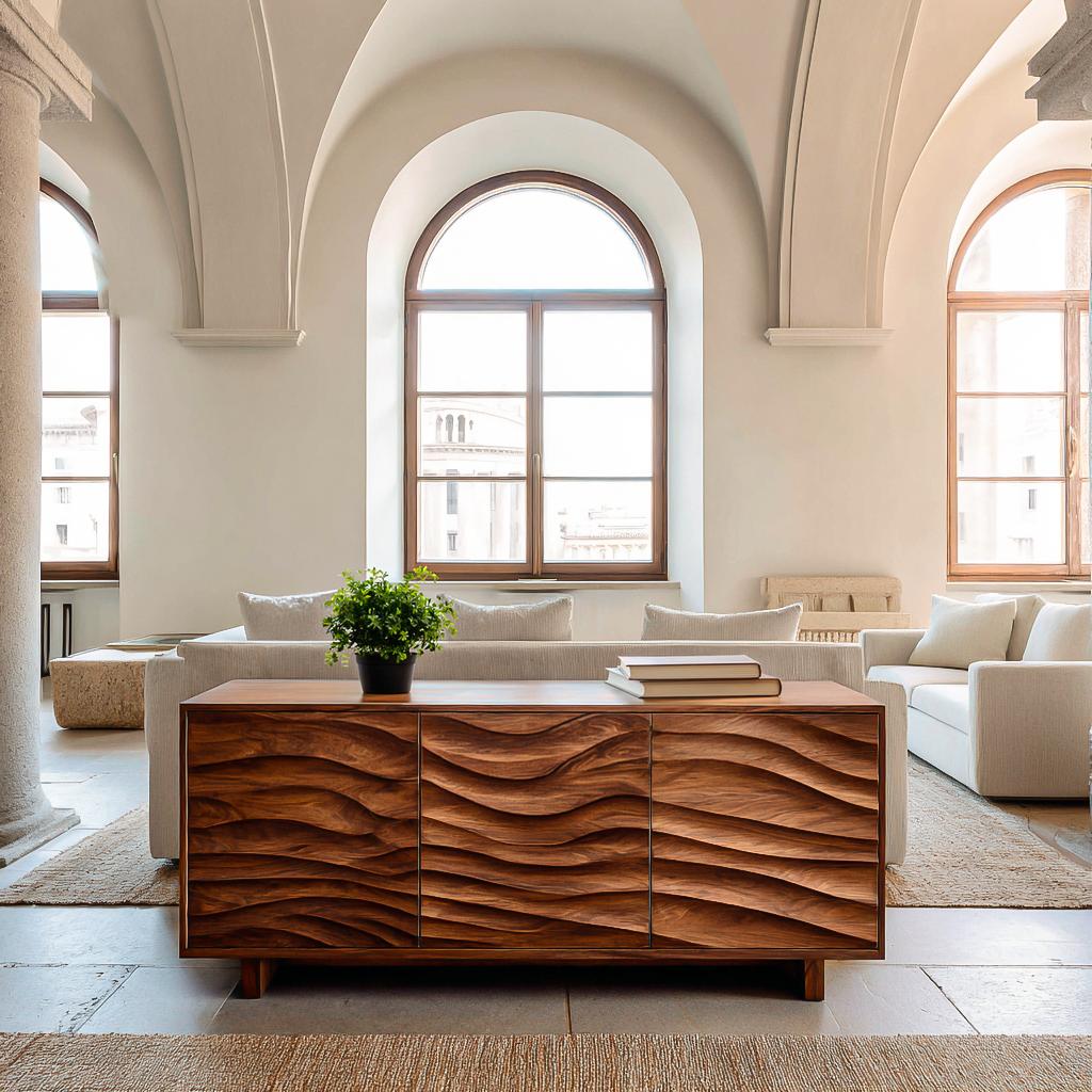 Spry Interior Modern Sideboard with Carved Wave Design, Handcrafted Statement Wood Credenza Cabinet for Living Space, Model RTTHTTSD056