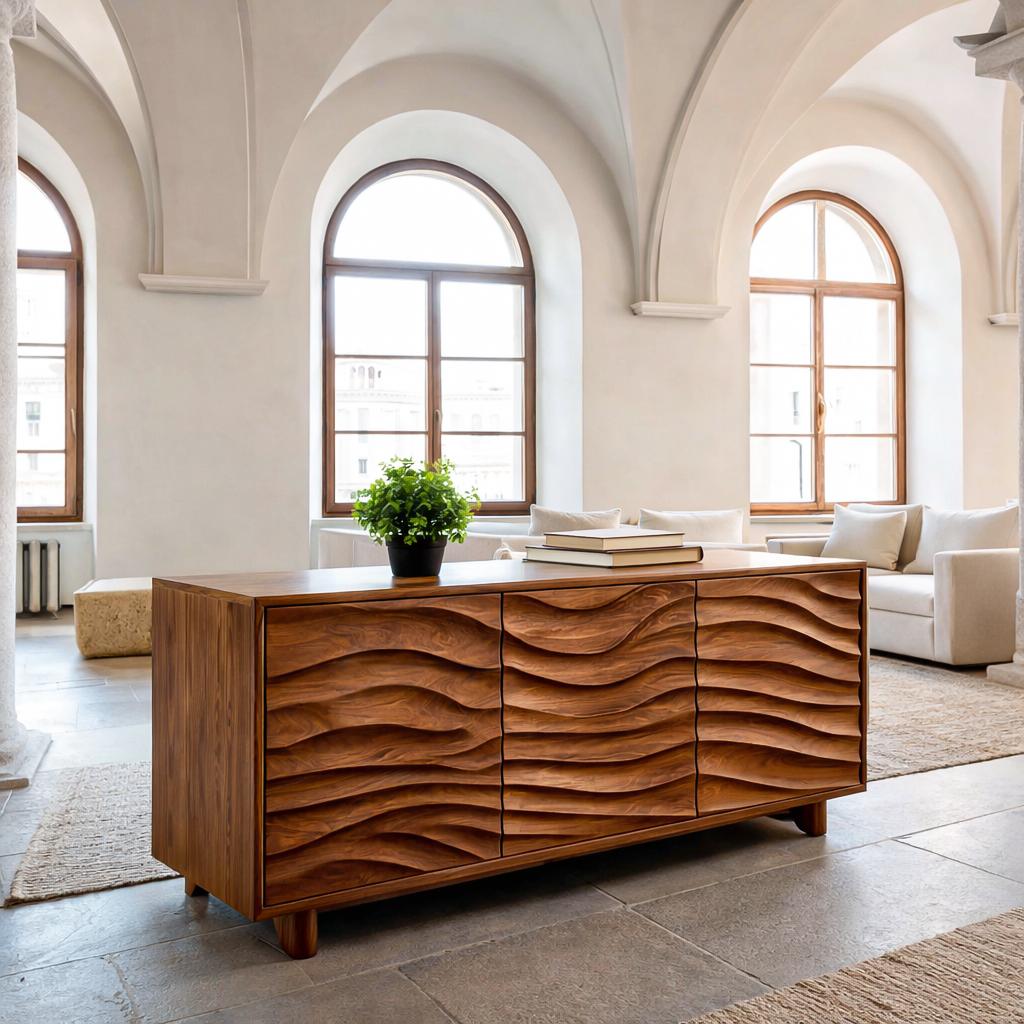 Spry Interior Modern Sideboard with Carved Wave Design, Handcrafted Statement Wood Credenza Cabinet for Living Space, Model RTTHTTSD056
