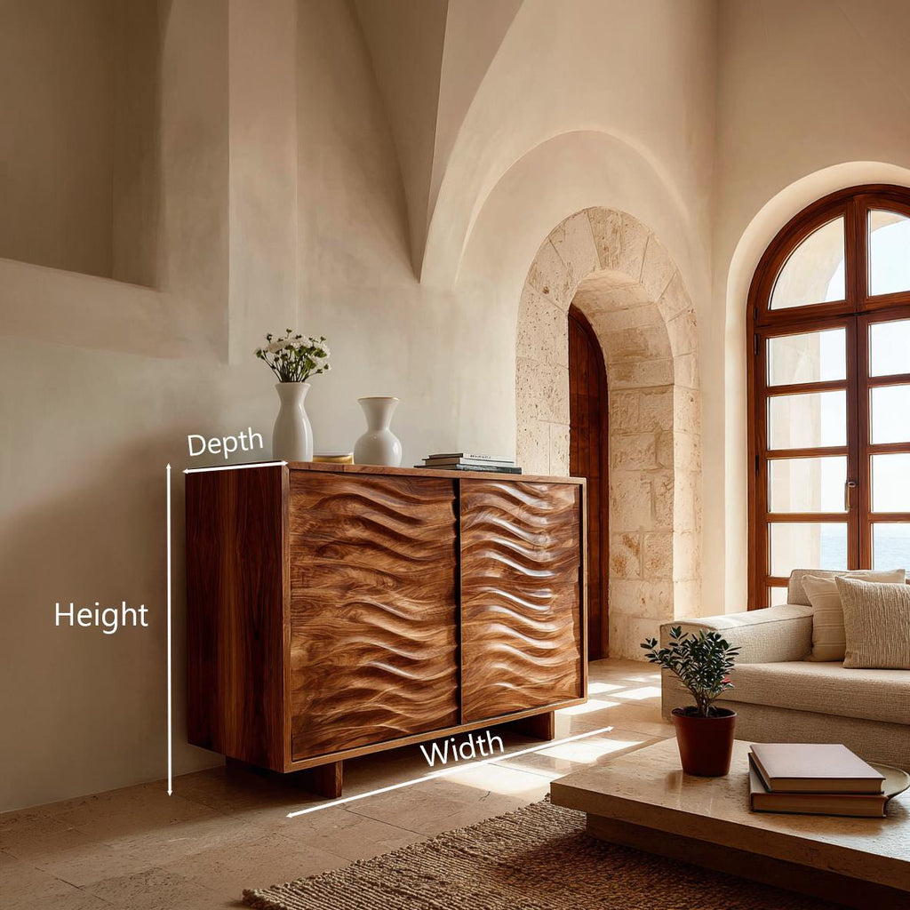 Spry Interior Modern Wooden Sideboard with Flowing Wave Doors, Handcrafted Solid Wood Credenza Cabinet for Living Room, Model RTTHTTSD057