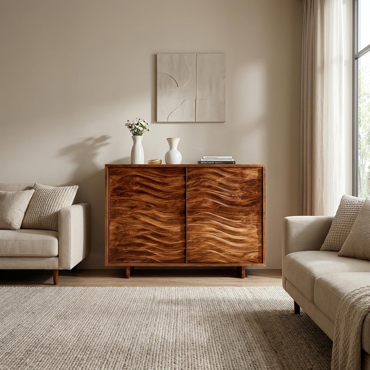 Spry Interior Modern Wooden Sideboard with Flowing Wave Doors, Handcrafted Solid Wood Credenza Cabinet for Living Room, Model RTTHTTSD057
