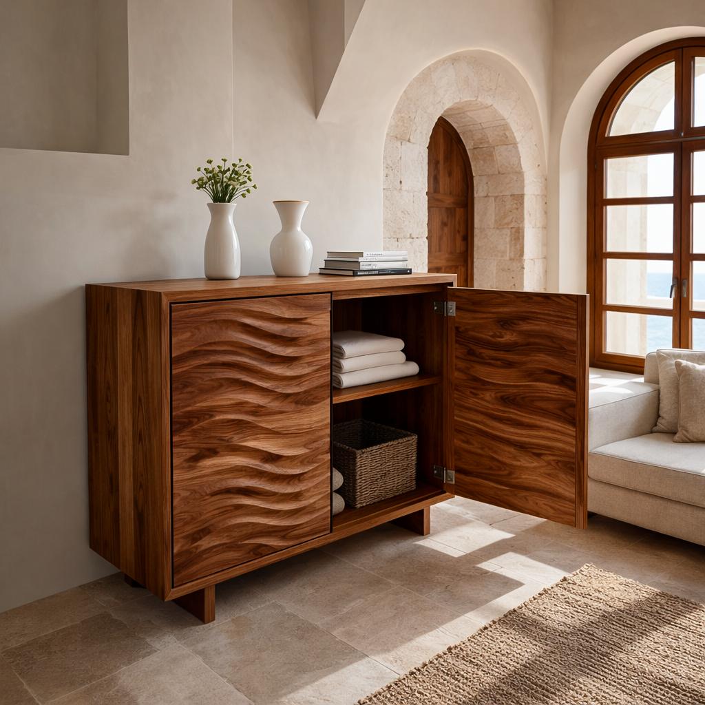 Spry Interior Modern Wooden Sideboard with Flowing Wave Doors, Handcrafted Solid Wood Credenza Cabinet for Living Room, Model RTTHTTSD057