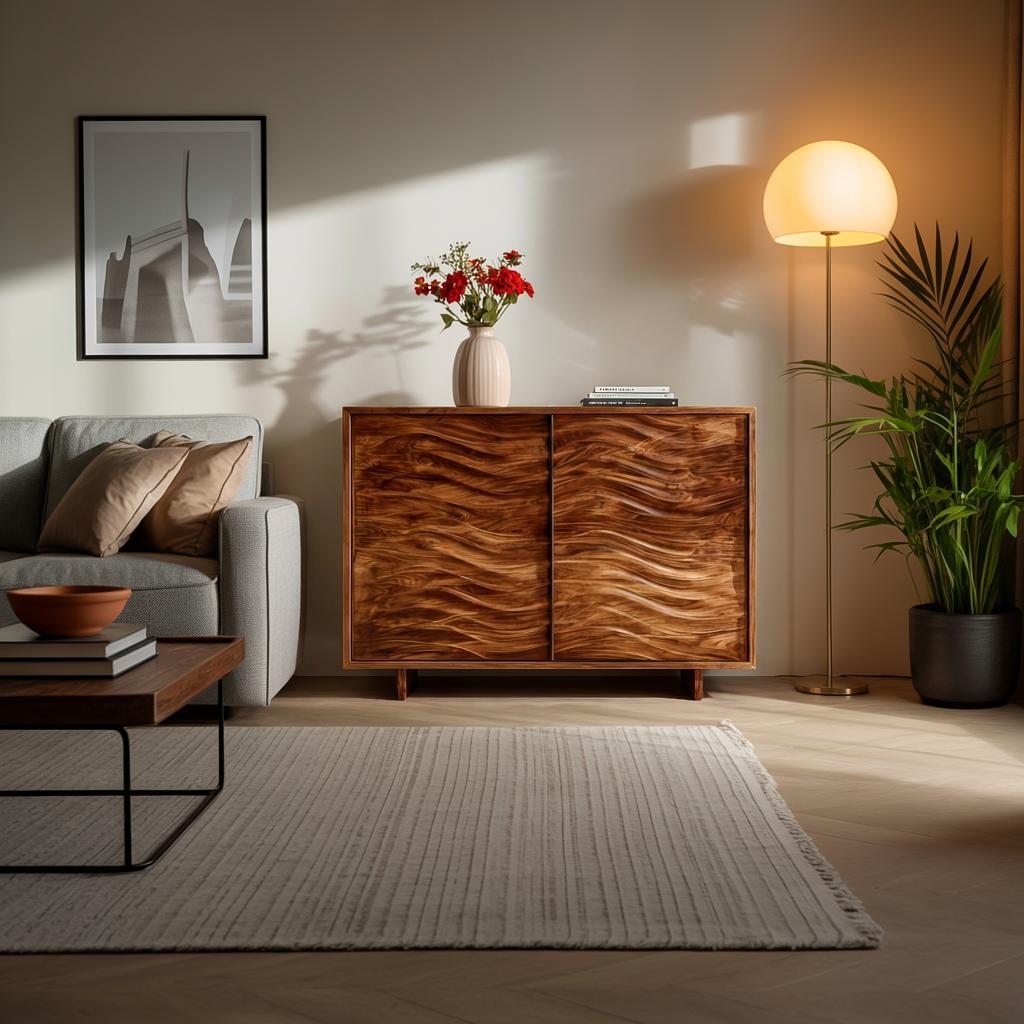 Spry Interior Modern Wooden Sideboard with Flowing Wave Doors, Handcrafted Solid Wood Credenza Cabinet for Living Room, Model RTTHTTSD057