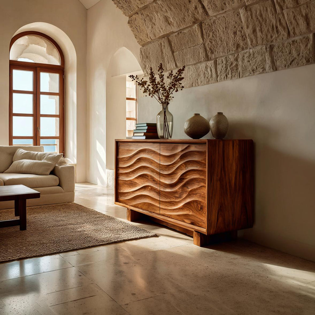 Wooden Sideboard 3D Wave Carving For Kitchen RTTHTTSD058