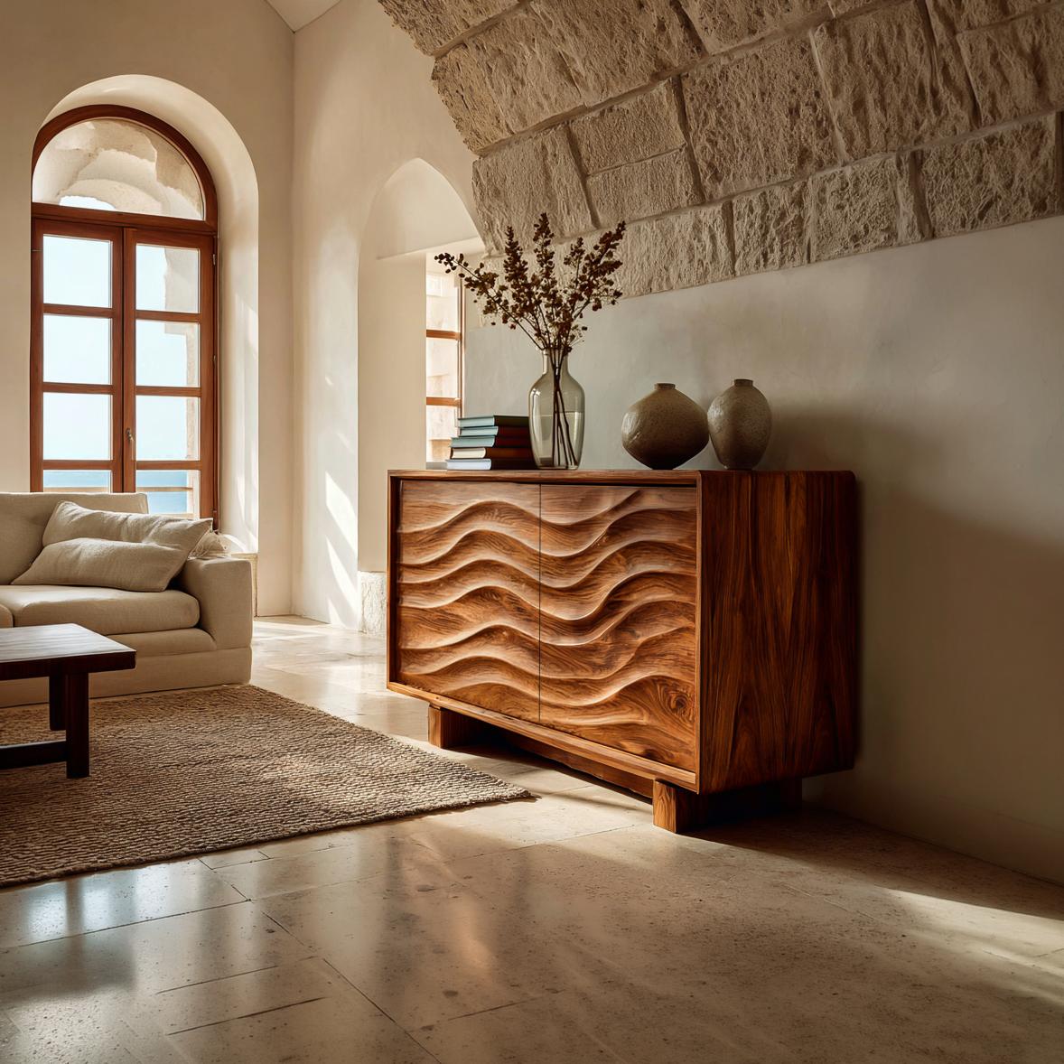 Wooden Sideboard 3D Wave Carving For Kitchen RTTHTTSD058